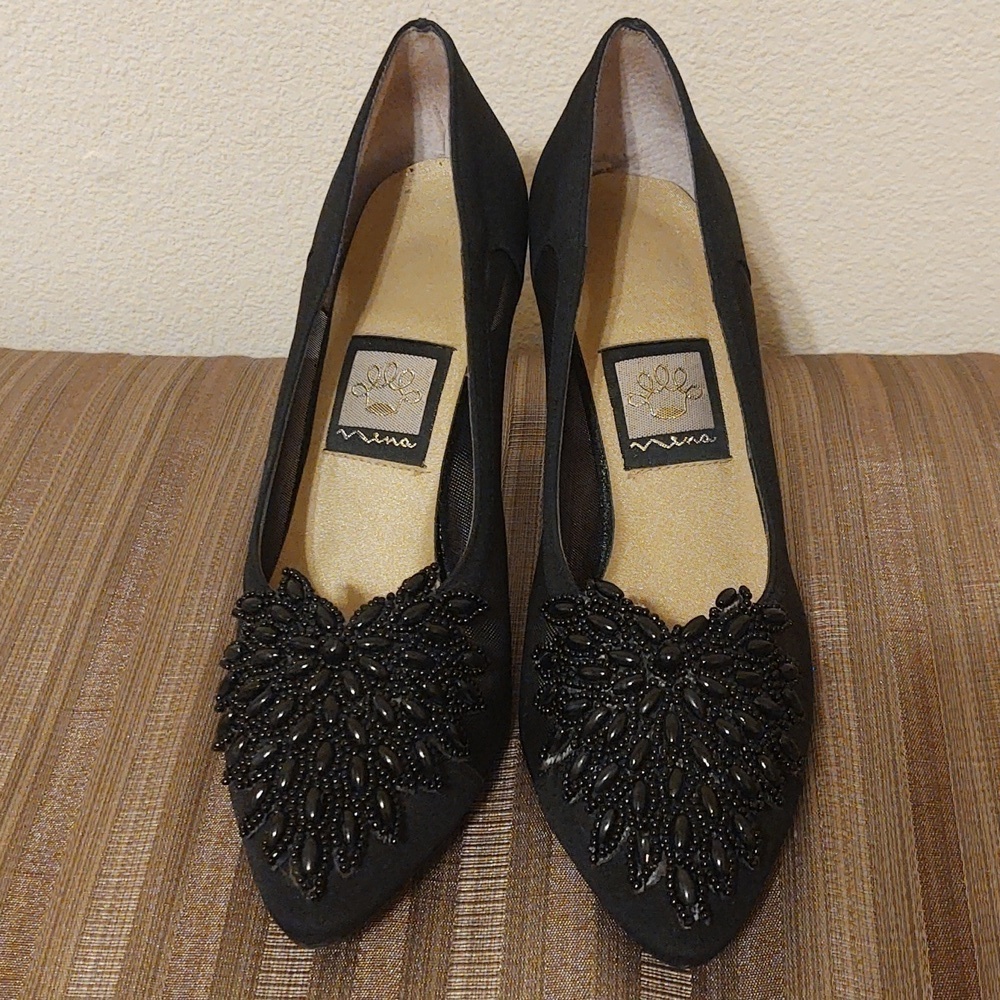 Nina Black Mesh and Beaded Pumps